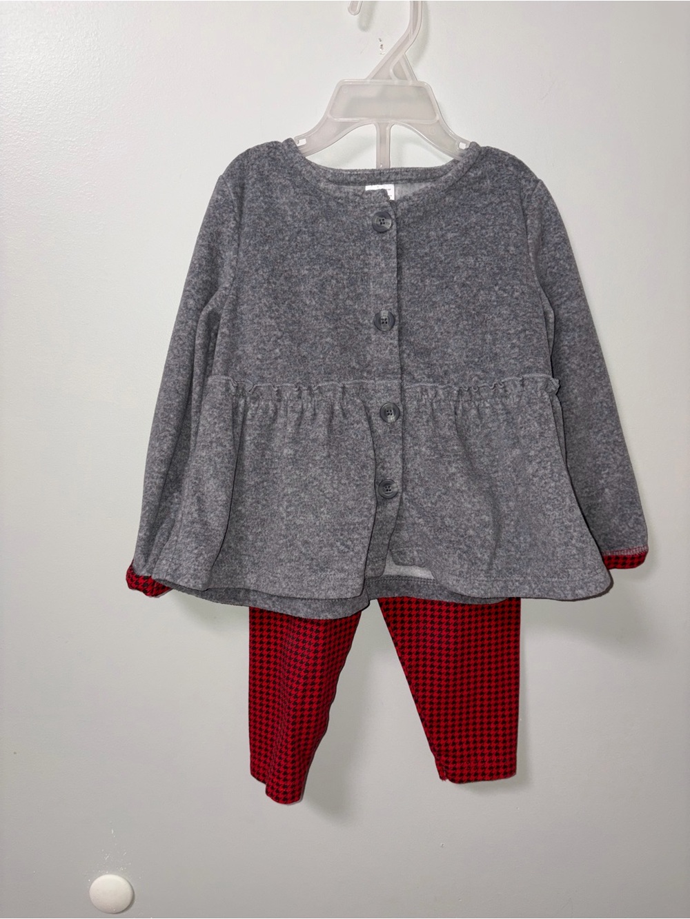 Carters Gray Ruffle Fleece Cardigan Red & Black Pants Set 24M Holiday Christmas